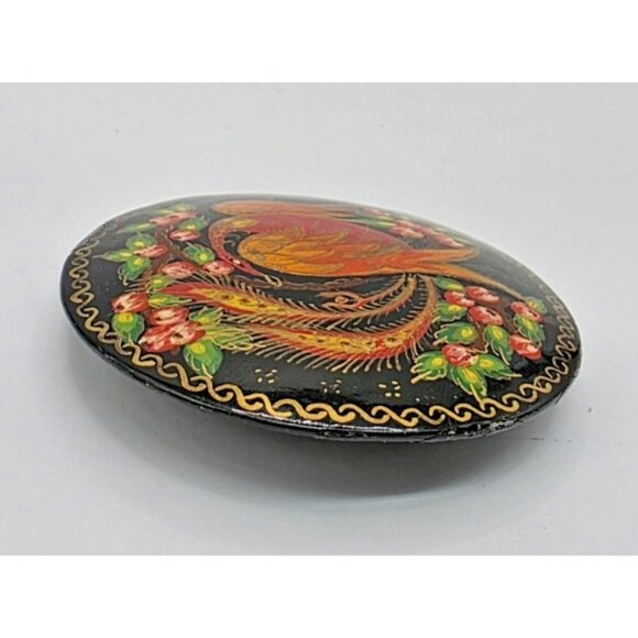 Russian Hand Painted Signed Black Lacquer Floral & Fire Bird Round Brooch Pin 2" - Picture 10 of 11